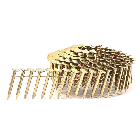 Heavy Duty Coil Roofing Nails 1 1/4 Inch Electro Galvanized Smooth Shank 15 Degree Spiral Fasteners, close-up view of collated strips.