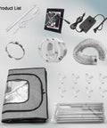 Slick Heavy Duty 3D Printer Enclosure With Badass Airflow Vent System product components including fan, poles, zippered tent cover.