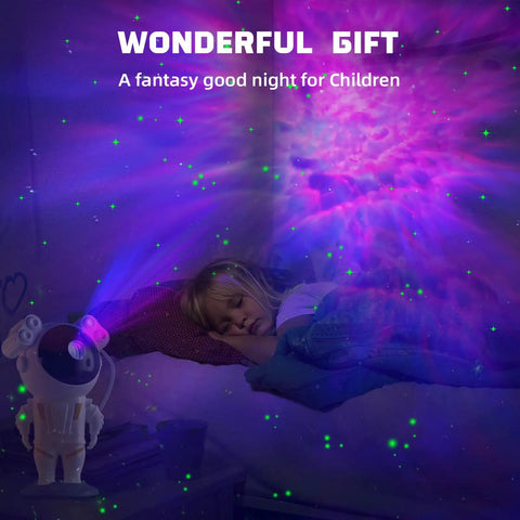 Galaxy Star Projector With Remote Control And Timing creating colorful nebula effect in child's bedroom, astronaut theme, 360 degree rotation