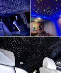 Mini 6W RGBW Fiber Optic Star Ceiling Kit installed in car and home, creating twinkling starry sky effect with app and remote control.