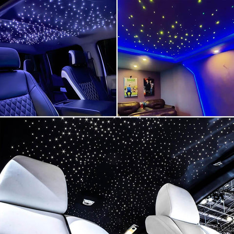 Mini 6W RGBW Fiber Optic Star Ceiling Kit installed in car and home, creating twinkling starry sky effect with app and remote control.