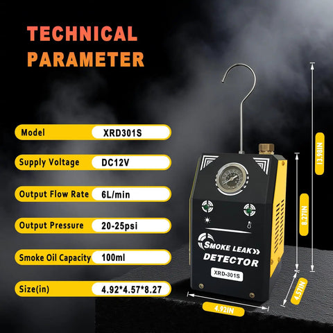 EVAP Smoke Tester With Built-In Air Pump And Pressure Gauge featuring technical specifications and dimensions