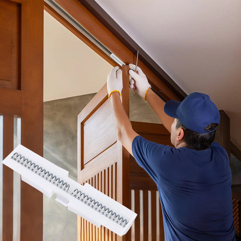 Heavy Duty Dual Spring Bifold Door Slide Guides Two Pack forged from rock solid ABS plastic, shown during installation on a closet door.