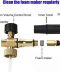 Exploded view of Short Pressure Washer Gun With Foam Cannon And One Quarter Inch Quick Connector Five Nozzle Tips And One Liter Bottle M22 Compatible All Purpose Power Washing Tool For Cars Decks And Driveways showing parts like foam volume control knob and quick connector.
