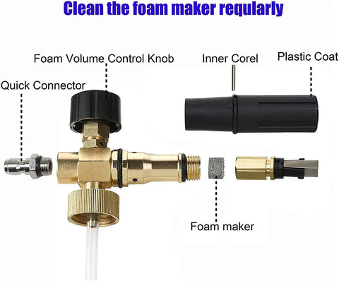 Exploded view of Short Pressure Washer Gun With Foam Cannon And One Quarter Inch Quick Connector Five Nozzle Tips And One Liter Bottle M22 Compatible All Purpose Power Washing Tool For Cars Decks And Driveways showing parts like foam volume control knob and quick connector.