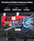 Front view of red VEVOR electric hoist with wireless remote, 110V 440lb capacity, mounted on overhead track
