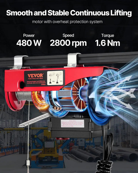 Front view of red VEVOR electric hoist with wireless remote, 110V 440lb capacity, mounted on overhead track