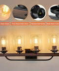 Farmhouse 4 Light Vanity Fixtures With Seeded Glass Shades, E26 base, matte black metal frame, faux wood grain decor.