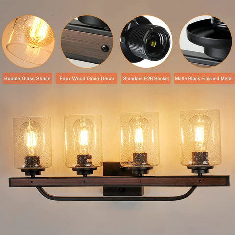 Farmhouse 4 Light Vanity Fixtures With Seeded Glass Shades, E26 base, matte black metal frame, faux wood grain decor.