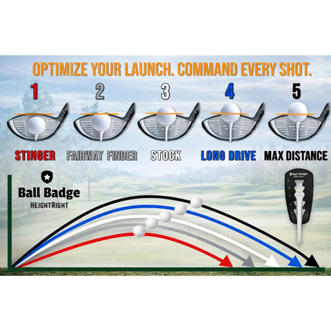 Diagram showing Five Level Adjustable Golf Tee Height Tool For Consistent Tee Heights with trajectory lines