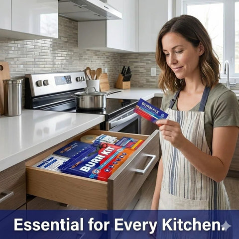 Front view of a woman in a kitchen holding BurnFIX Burn Kit first aid kit; open drawer shows blue packaging.