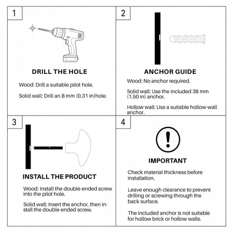 Installation guide for Sweet Looking Pebble Wall Hook Built From Top Shelf 304 Stainless Steel with anchor and drill instructions.