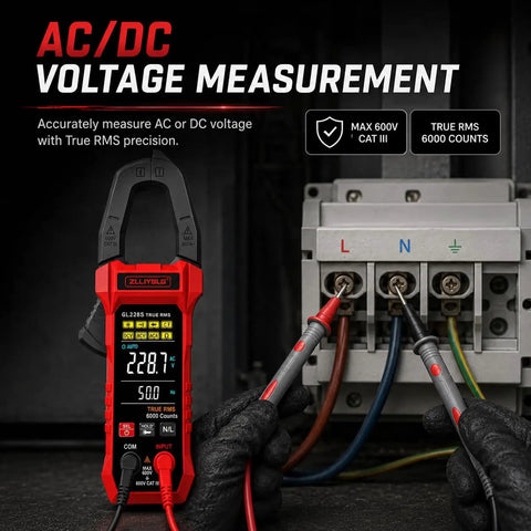 Pro Grade True RMS Clamp Meter For DIY And Pros 6000 Counts Multimeter Measures AC DC Voltage And 600A Current NCV Live Wire Detector Auto Range Overload Protection Capacitance Resistance Diode Test Handy For Home And Industrial Repairs, red clamp meter testing AC/DC voltage