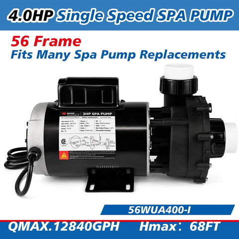 Heavy Duty 4HP Single Speed Spa Pump 220 240V Hot Tub Motor 214 GPM High Flow with 56 Frame and smooth operation features.