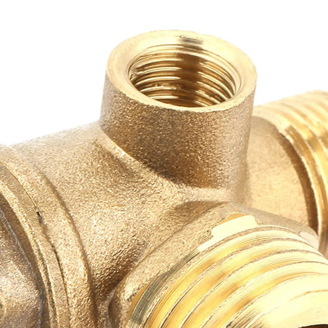Three Port Brass Air Compressor Check Valve for Tube Connector Tool, G1/8 Internal Thread, G3/8 and G1/2 External Threads, Central Pneumatic Compatible, Seals Tight to Stop Leaks, Direct Replacement Part close-up brass 3-port valve threads