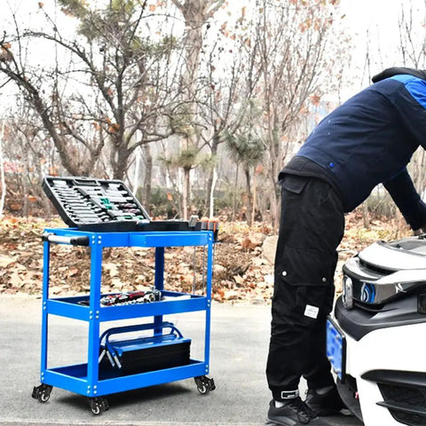 All Purpose 2 Inch Rubber Caster Wheels Set Of Four With Locking Brakes And Threaded Stem on a blue tool cart in use.