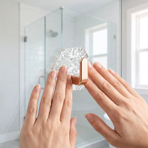 Hands applying Water Ripple Hexagonal Adhesive Wall Hooks to a smooth shower wall, showcasing easy installation and modern design.