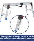 Beefy Foldable Aluminum Work Platform With 500 Lb Capacity Non Slip Surface Adjustable Height Heavy Duty Portable Step Ladder For Home Garage And Pro Jobs, adjustable legs shown
