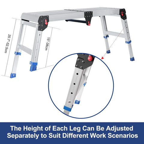 Beefy Foldable Aluminum Work Platform With 500 Lb Capacity Non Slip Surface Adjustable Height Heavy Duty Portable Step Ladder For Home Garage And Pro Jobs, adjustable legs shown