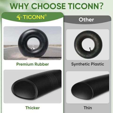 Comparison of a premium rubber inner tube next to a synthetic plastic tube, showing thickness differences for 8 inch rims.