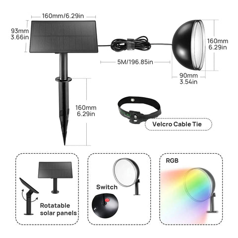 Diagram of Three In One Solar Powered Pendant Light Multicolor RGBW Dusk To Dawn with dimensions and features displayed.