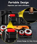 Powerful 2300W Electric Pipe Threader Kit For Plumbing Pros inside portable case with six heavy duty dies for easy storage.