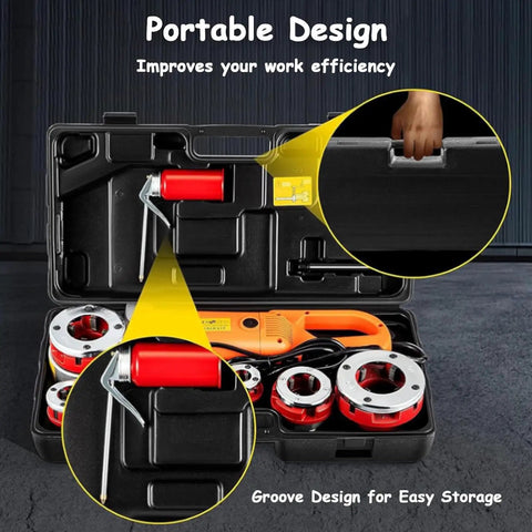Powerful 2300W Electric Pipe Threader Kit For Plumbing Pros inside portable case with six heavy duty dies for easy storage.