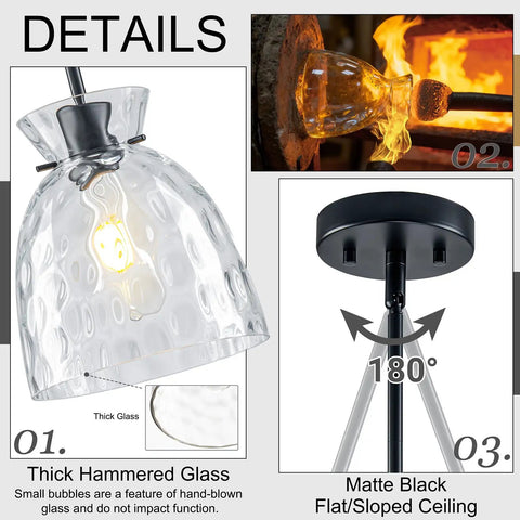 7.5" Black Hammered Glass Pendant Lights Kitchen Island Lighting 1 Pack E26 showcasing thick hammered glass shade and matte black ceiling mount.