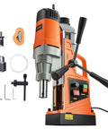 Front view of VEVOR magnetic drill press with orange body, black handles, base, and accessories