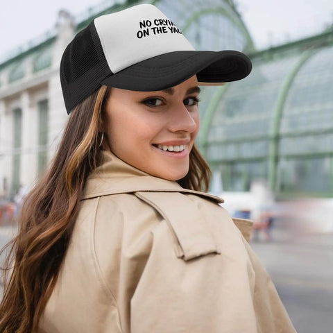 Woman wearing Lightweight Breathable Dad Hat For Men With Ventilated Crown And Fun No Crying On The Yacht Theme outside
