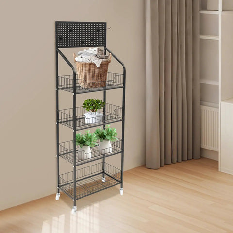 Heavy Duty 4 Tier Wire Shelving Storage Rack With Tough As Nails Metal Shelves And Raised Edge Baffles, featuring baskets and plants.