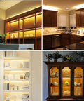 Lit Led Linkable 12 Inch Light Strips Kit With Switch For Warm 3000K Cabinets illuminating kitchen and display shelving.
