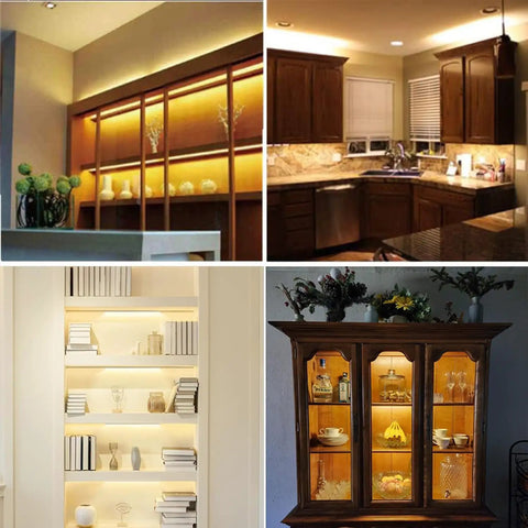 Lit Led Linkable 12 Inch Light Strips Kit With Switch For Warm 3000K Cabinets illuminating kitchen and display shelving.