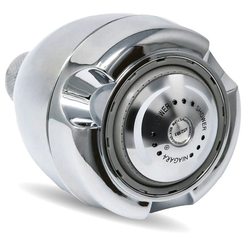 Earth Spa 3-Spray Shower Head With 1.25 GPM Flow, chrome finish detail view, compact design for efficient water savings