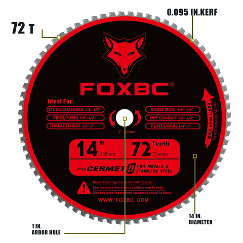 Front view of a 14 Inch Metal Cutting Saw Blade 72 Teeth For Chop Saws Cermet Carbide Up To 5X Longer Life 0.095 Inch Kerf 1 Inch Arbor 1800 Max RPM Delivers Clean Smooth Cuts On Studs Tubing Plates Rods