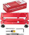 Built Tough Aluminum Door Hinge Jig For 2.5 To 5 Inch Hinges Adjustable Jamb Router Jig With Radius Quarter Inch And Radius Five Eighths Inch Square Corner 6061 Aluminum Alloy By JoblikeBrez in red packaging and tool set.