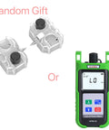 Optical power meter with green casing next to two transparent fiber optic cleaver holders labeled 'Random Gift'.