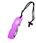 Foldable Dive Knife With Pointed Tip Black Stainless Steel Blade, Ultra Compact And Lightweight, Rust-Resistant tool in purple with lanyard