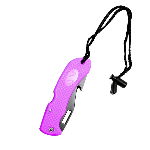 Foldable Dive Knife With Pointed Tip Black Stainless Steel Blade, Ultra Compact And Lightweight, Rust-Resistant tool in purple with lanyard