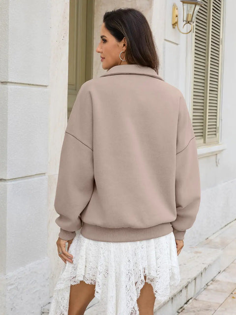 Back view of Cozy Oversized Women Quarter Zip Fleece Sweatshirt With Half Zip Collared Long Sleeve Pullover For Fall And Winter.