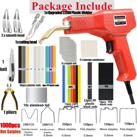 220W Plastic Welder Kit 2 In 1 Plastic Repair Set With Hot Stapler Soldering Gun And 1000 Rods for Car Bumpers package contents