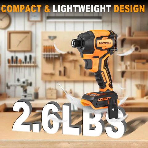 Cordless Impact Driver Tool Only With A Beast Brushless Motor 2300 Inch Pounds Torque Four Speed Settings One Fourth Inch Chuck Lightweight With LED Light Includes Tool Bag Compatible With DeWalt 20V Max Battery on workbench