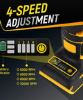 Cordless 4.5 Inch Angle Grinder With 10000 RPM Brushless Motor showing 4-speed adjustment and battery indicator