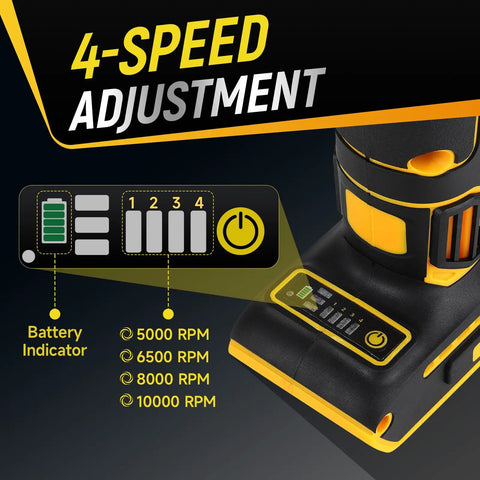 Cordless 4.5 Inch Angle Grinder With 10000 RPM Brushless Motor showing 4-speed adjustment and battery indicator