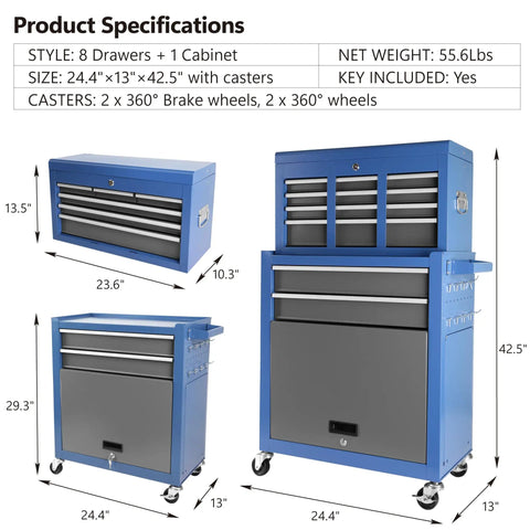 Real Deal Heavy Duty Tool Chest With Eight Spacious Drawers And Tight Locking Compartments Designed For Rapid Detachment Smooth Ball Bearing Casters guarantee easy grind and complete shop boss organization, includes measurements.