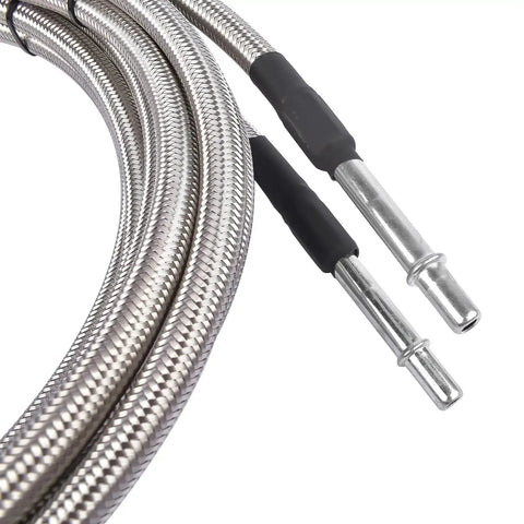 Close-up of No Sweat Fuel Line Quick Fix Kit for Chevy Silverado and GMC Sierra 1500 Classic 2004 to 2007 V8 gas with flexible stainless steel hoses.