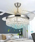 Crystal Ceiling Fan Chandelier With Remote, 42 Inch Dope Glass Crystal Light Fixture above a modern bedroom setting.