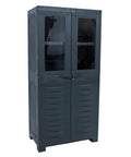 Front view of Resin Garage Storage Cabinet With Two Acrylic Glass Doors Freestanding Utility Organizer For Laundry Room Office And Basement Charcoal Finish Heavy Duty 48.75 Inch Tall