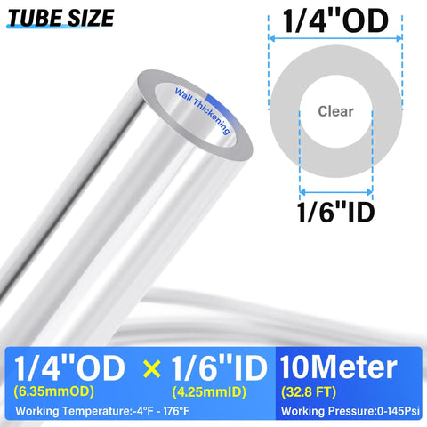 Clear PU Air Tube 1 Quarter Inch OD 10 Meter Length For Air Line And Fluid Transfer Tubing diagram showing dimensions and pressure rating