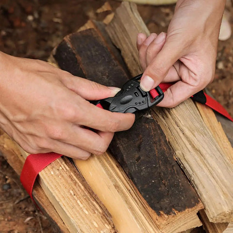 Two Pack Heavy Duty Nylon Packing Straps With Quick Release Buckle 1.5m adjustable tie-down securing firewood for outdoor use.